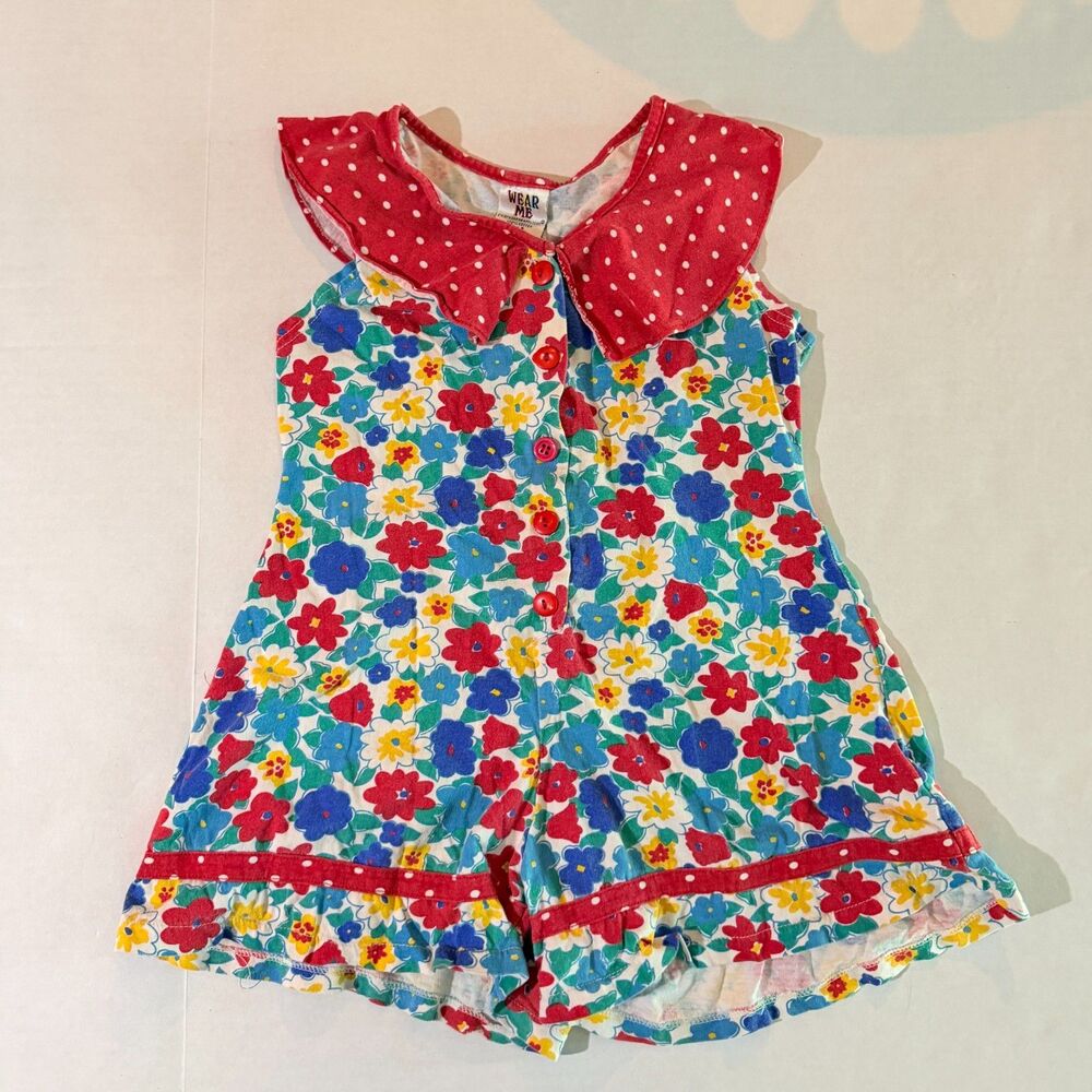 Wear Me, VTG 90s Girl's Floral Dot Collared Button Romper, 8 Kidcore